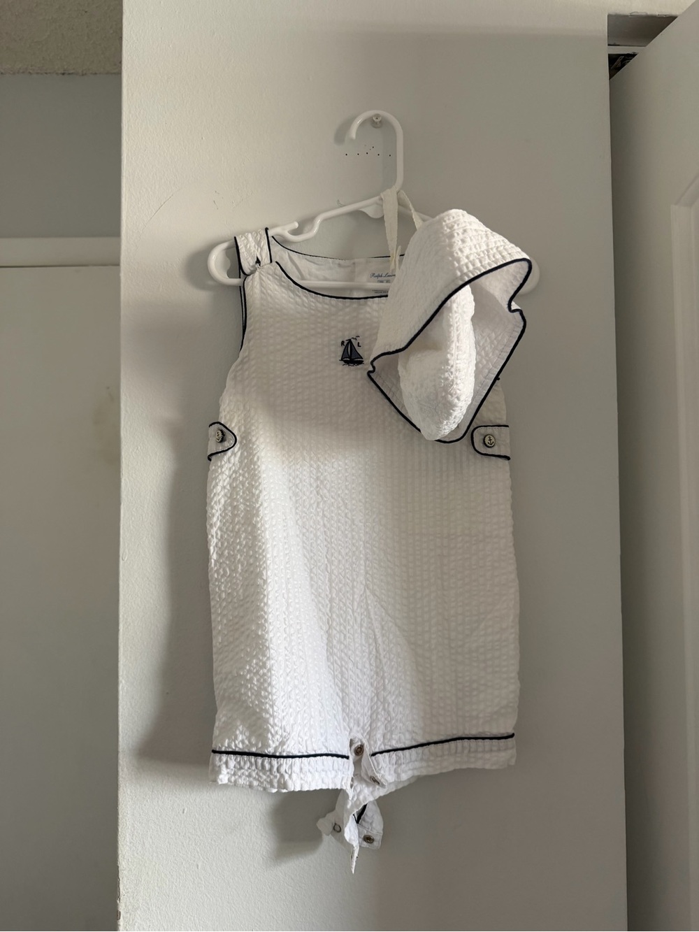 Polo by Ralph Lauren White Textured Sailor One-Piece with Navy Trim